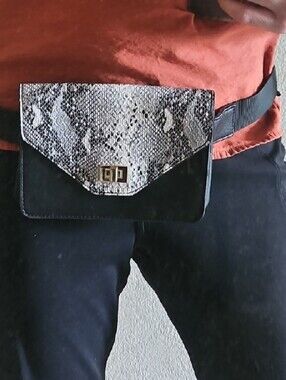 Black & Silver Snake-Print Belt Bag